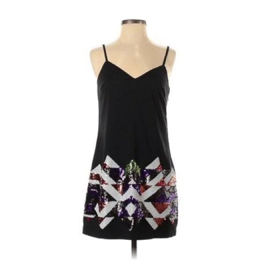 BEBE Mini Dress Black Size Medium Sequin Tribal Y2K Geometric Slip Party